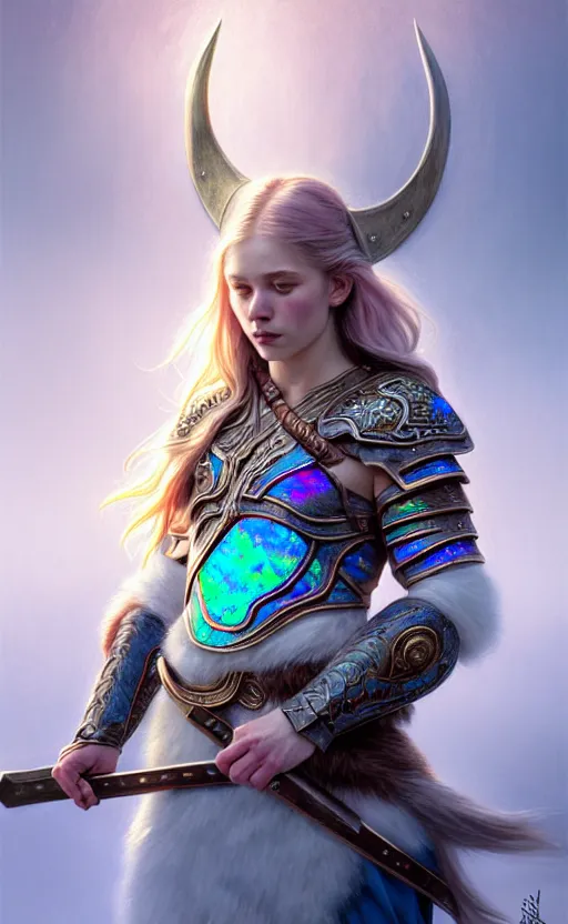 Prompt: iridescent opal viking warrior, winter, snow, morandi color scheme, hd, illustration, epic, d & d, fantasy, intricate, elegant, highly detailed, wide angle, digital painting, artstation, concept art, smooth, sharp focus, illustration, wallpaper, art by artgerm and greg rutkowski and alphonse mucha and jin xiaodi