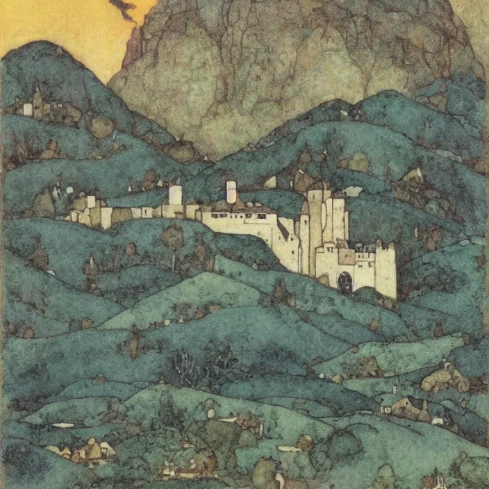 Prompt: a building in a landscape, by edmund dulac