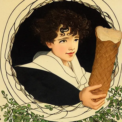 Prompt: a boy with long black curly hair, round face holding a loaf of bread in a basket. By JC Leyendecker. By Yasunari ikenaga .