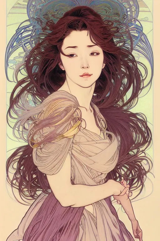 Image similar to beautiful portrait pastel painting of a female, blush, pleated skirt, flowing hair, slim face, elegant, alphonse mucha, by yoichi hatakenaka, masamune shirow, josan gonzales and dan mumford, ayami kojima, takato yamamoto, barclay shaw, karol bak, yukito kishiro