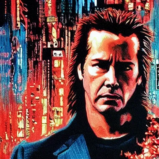 Image similar to “Keanu Reeves in fight club movie, 80's vhs cover, painted by Philippe Druillet , high detail, cinematic lighting, eerie, spooky, scary, wild, fantasy, surreal, cinematic lighting, dramatic mood, dark, hellish, eerie, highly detailed”