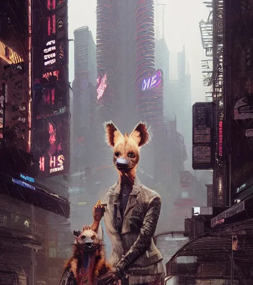 Image similar to new york city portrait of furry anthro anthropomorphic spotted hyena head animal person fursona wearing clothes strange cybernetic muzzle gloomy rainy screenshot from the video game cyberpunk 2077 digital art by Greg Rutkowski, Simon Stalenhag, christopher nolan trending on Artstation, CGSociety