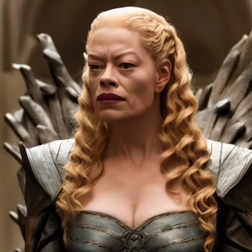 Prompt: seven of nine from star trek sitting on the iron throne in kings landing from game of thrones