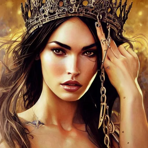 Prompt: an attractive young female with metal rings on her skin wearing an thorne crown, megan fox, olive skin, long dark hair, beautiful bone structure, intricate, elegant, highly detailed, digital painting, artstation, concept art, smooth, sharp focus, illustration, art by artgerm and greg rutkowski and alphonse mucha