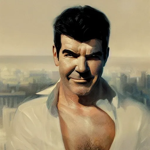 Image similar to a portrait of simon cowell grimacing in disappointment, 1 9 2 0 s, femme fatale, gorgeous view, night, film noir, eerie, high detail, depth, masterpiece by greg rutkowski, digital art, trending on artstation