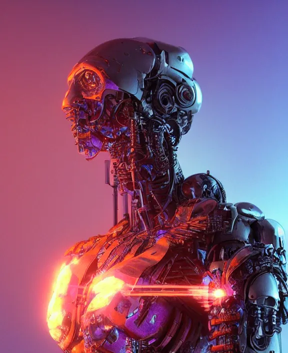 Image similar to an upper body portrait of a cyborg soldier burning with purple fire, by hr giger and beksinski and stephan martiniere, 4 k resolution, detailed, 3 d render, unreal engine, octane render, trending on artstation
