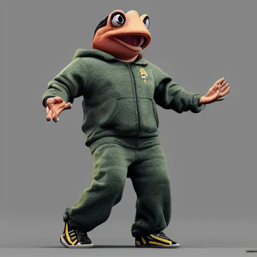 Prompt: toad in a tracksuit, gopnik, chav, photo, octane render, cinematic lighting, dynamic, high detail, artstation