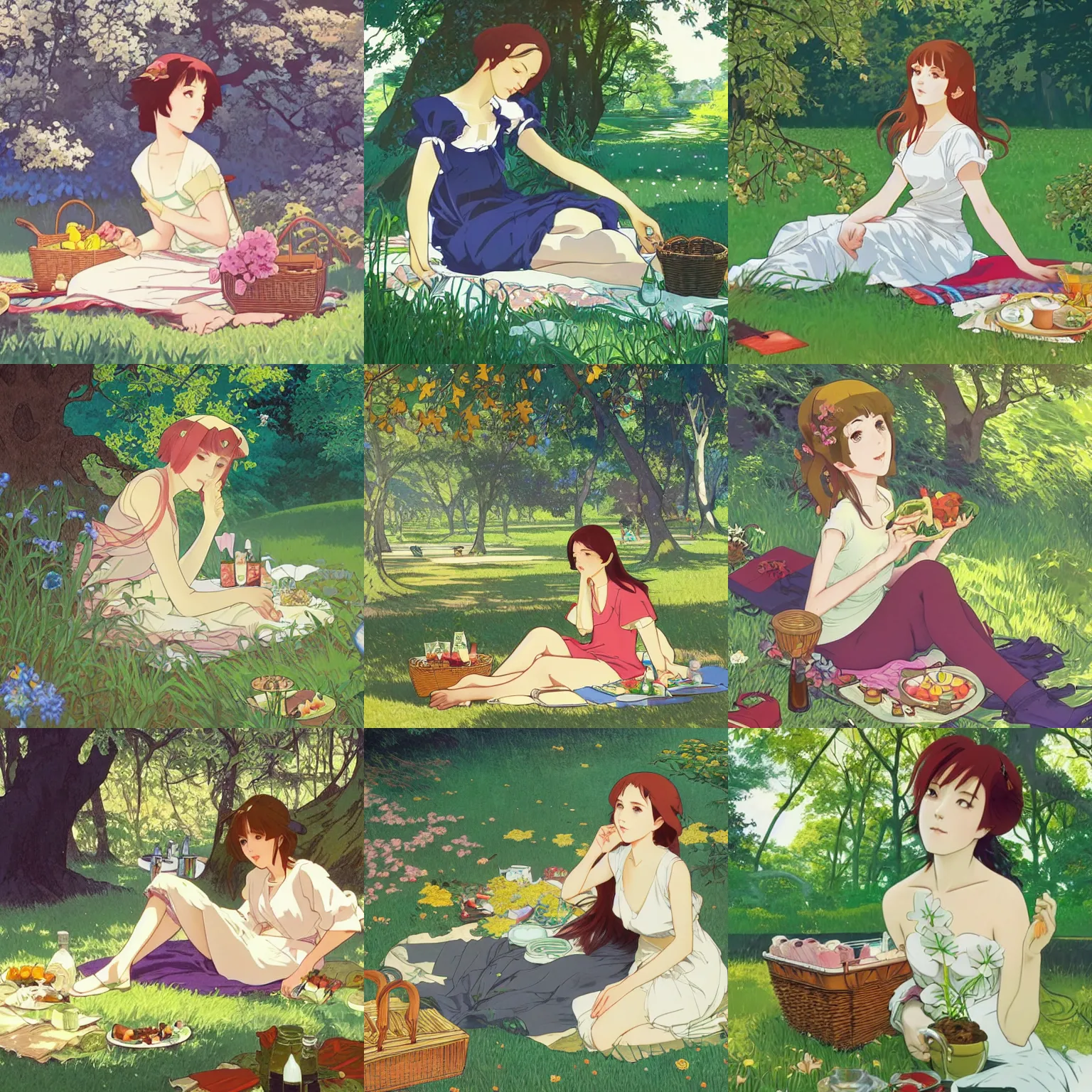 Prompt: A young woman having a picnic in a lush park, simplified facial features, pronounced eyes, highly detailed, anime, exaggerated shading, Kyoto Animation and Studio Ghibli still, by Ilya Kuvshinov and Alphonse Mucha