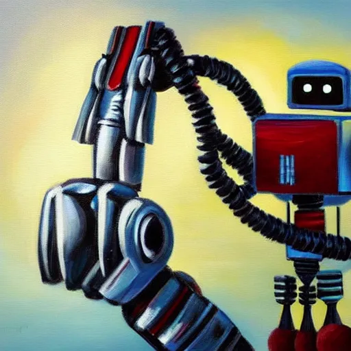 Image similar to A beautiful oil painting of a robot painting an oil painting