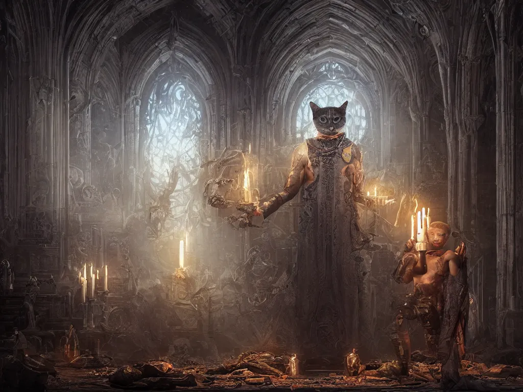 Prompt: the cyborg cat dressed in hoodie with occult symbols performing magic ritual in a dark gothic temple of antichrist high quality hdr photo art by wayne barlove, greg rutkowski, raphael