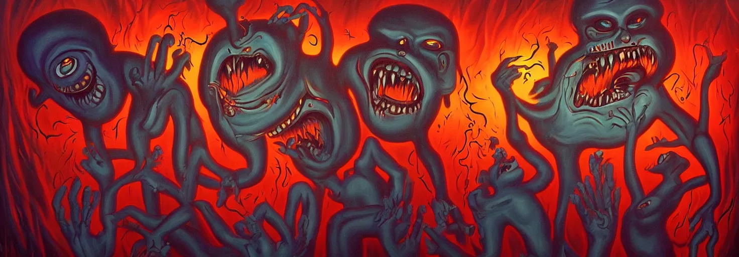 Image similar to visceral freaky obsessive monsters from the darkest depths of collective unconscious, dramatic glowing lighting, 1 9 3 0 s fleischer cartoon characters, wild emotional expressions - surreal painting by ronny khalil