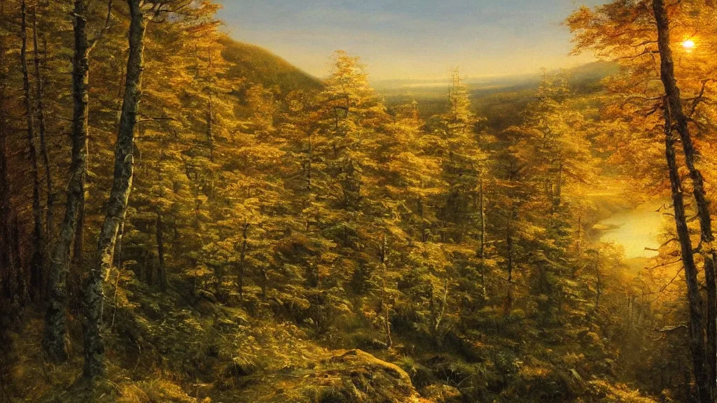 Prompt: beautiful view of a swedish forest from a mountain, river, oil painting by alan lee, golden hour, trending on Artstation, visually stunning, award winning