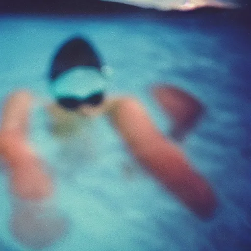 Prompt: colored photography, close-up from behind big chested woman swimming in under ocean at night, blue light, 35mm film,