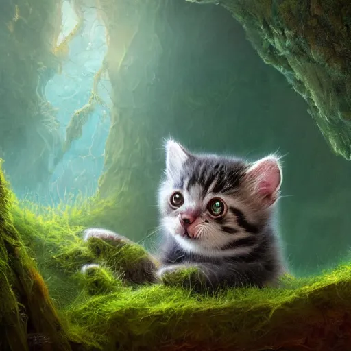 Prompt: rescue from the underworld, shadows of the past, chubby moss kitten, highly detailed, digital painting, HDRI, by tyler boswell and jeff easley, vivid colors, high contrast, 8k resolution, intricate, photorealistic, smooth