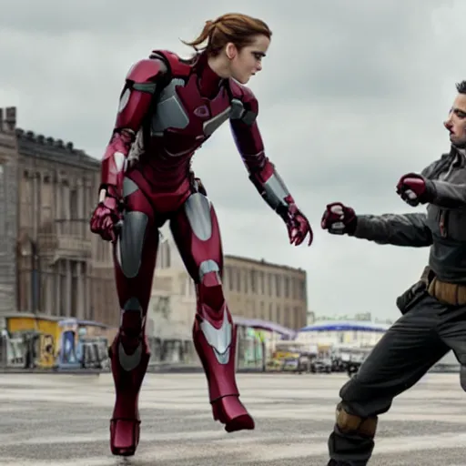 Image similar to a still of emma watson in iron man fighting with captain america ( daniel radcliff )