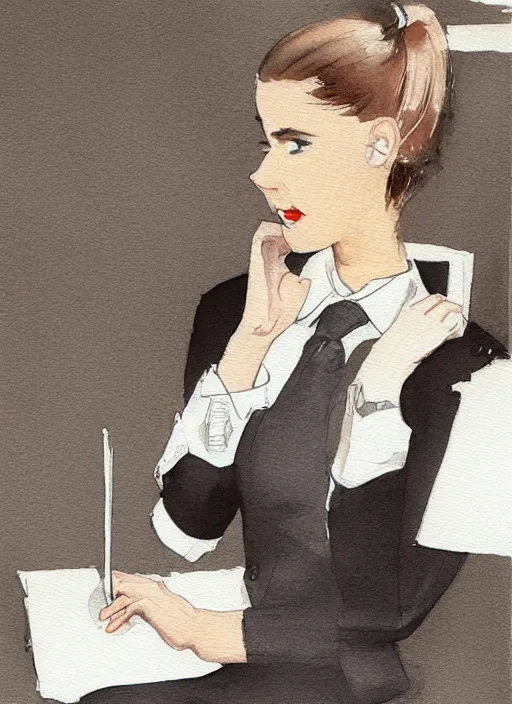 Image similar to concept art of a modern office life, young business woman, pencil miniskirt, pinterest, artstation trending, behance, watercolor *, by coby whitmore, silver, laser light,