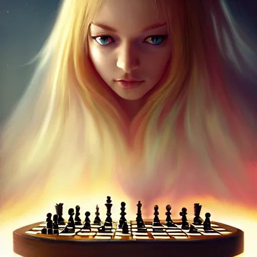 Image similar to beautiful young rimuru tempest playing chess, with amber eyes of golden colored eyes, straight hair, sky blue hair, long bangs, high collar, concept art, award winning photography, digital painting, cinematic, wlop, 8 k, by ross tran, tom bagshaw, andy warhol