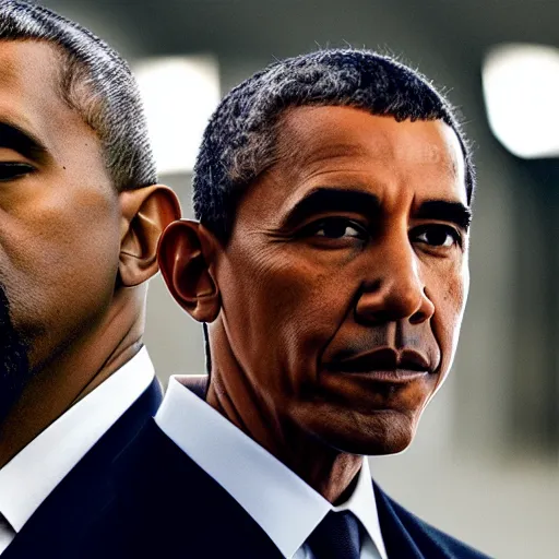 Image similar to a cinematic portrait of Kanye West and Barack Obama, 40mm lens, shallow depth of field, split lighting