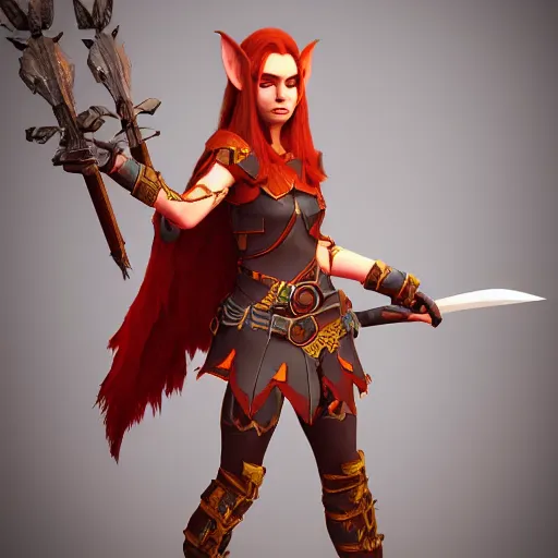 Image similar to beautiful redhead elf, warrior outfit, clash royal style characters, unreal engine 5, octane render, detailed, cinematografic, cinema 4 d