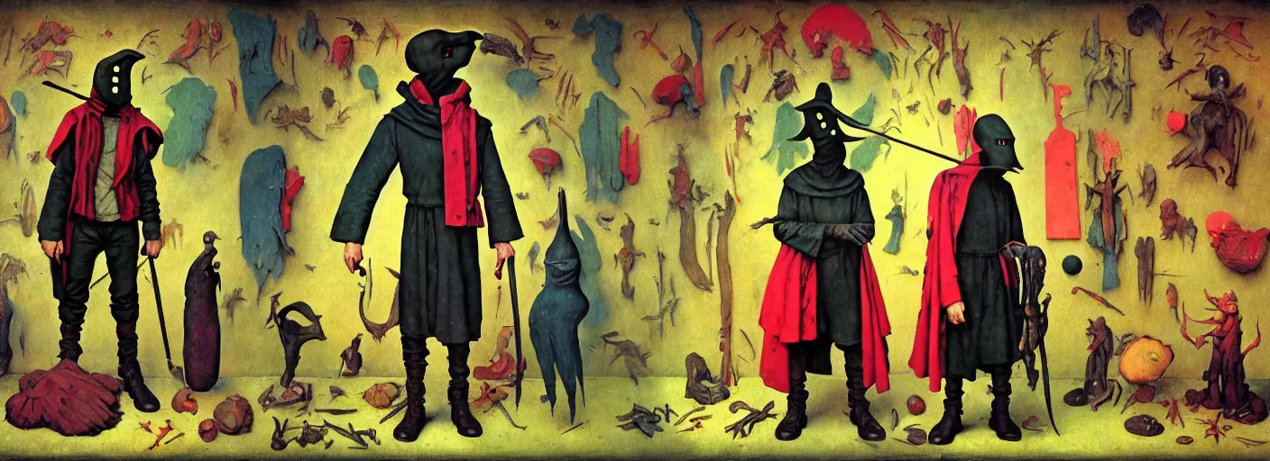 Prompt: full - body portrait surreal colorful! clay fighting artstation rpg unique legendary plague doctor merchant character concept art anatomy, action pose, very coherent and colorful high contrast masterpiece by norman rockwell franz sedlacek hieronymus bosch dean ellis rene magritte gediminas pranckevicius, dark shadows, sunny day, hard lighting, reference sheet white! background