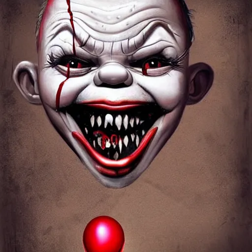 Image similar to surrealism grunge cartoon portrait sketch of the chucky with a wide smile and a red balloon by - michael karcz, loony toons style, pennywise style, horror theme, detailed, elegant, intricate