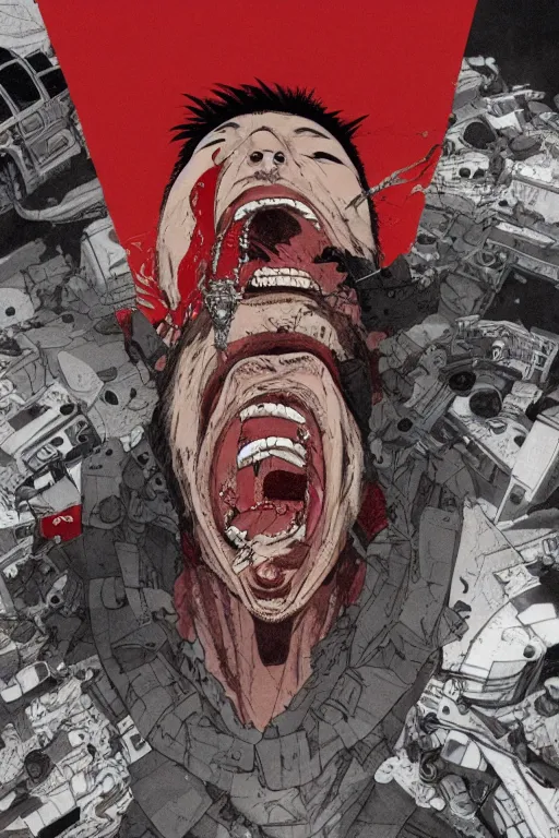 Image similar to full page illustration of tetsuo open mouth, showing a pill on his tongue, by Katsuhiro Otomo, 8k, hd, high resolution print