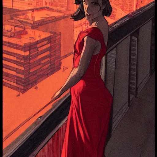 Prompt: a beautiful artwork of a woman in red dress sitting on the balcony of a hotel at night, top view, by Jerome Opeña, featured on artstation