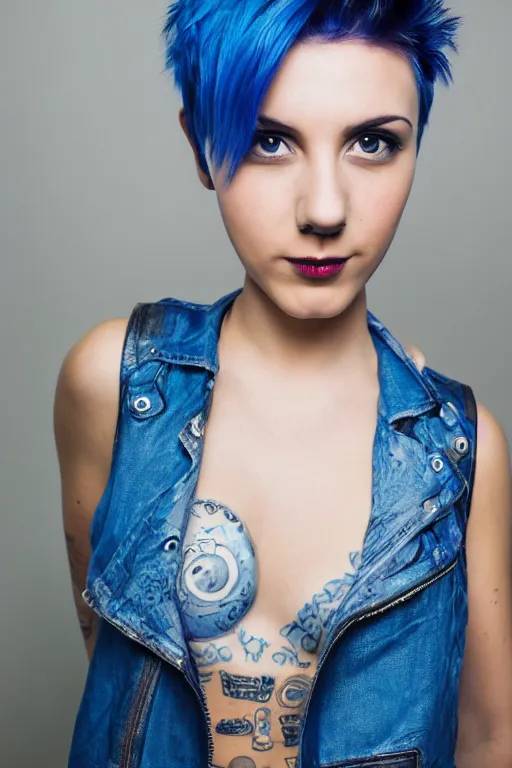 Image similar to photo of young cute punk woman with blue pixie cut posing, hyper detailed