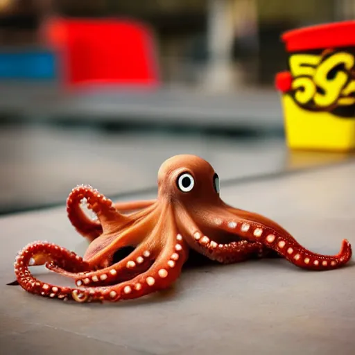 Image similar to octopus made of steel eating fastfood, 5 5 mm