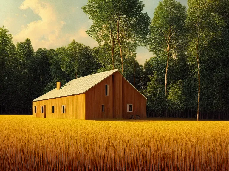 Image similar to hyperrealism photography of beautiful detailed eco house around the forest in small ukrainian village by taras shevchenko and wes anderson and caravaggio, wheat field behind the house