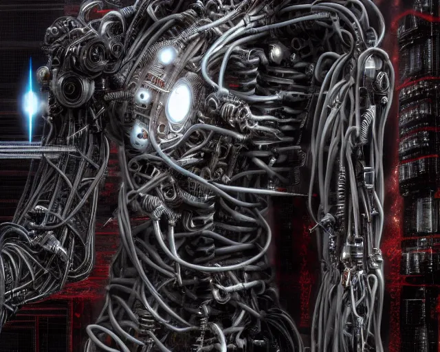 Image similar to photo of a biomechanical torso of a cyborg plugged into a quantum computer with cables and wires and optic fibers. cyberpunk horror style. art by luis royo. highly detailed 8 k. intricate. nikon d 8 5 0 5 5 mm. award winning photography.