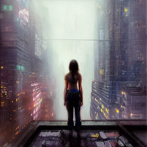 Image similar to “ girl standing on a roof looking down at a foggy futuristic new york city below, ghostpunk, cyberpunk, very detailed, by daniel gerhartz ”