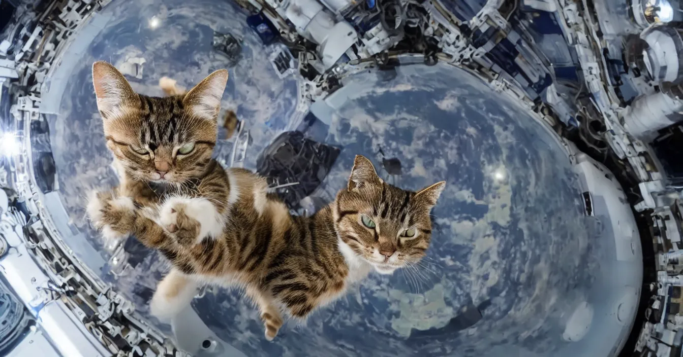 Image similar to Photo of a cat floating inside the International Space Station in zero gravity, highly-detailed 4K award-winning cinematic, wide angle