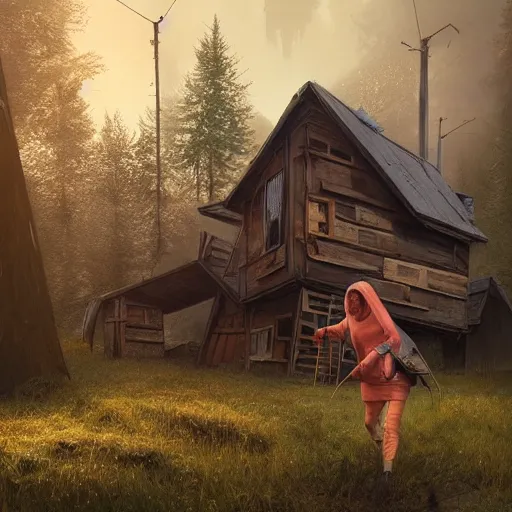 Image similar to woman leaving her wooden broken house by simon stålenhag, very highly detailed, award winning, rendered by Beeple, by Makoto Shinkai, syd meade, starwars, space art concept, digital art, unreal engine, blender, WLOP, trending on artstation, 4K UHD image, octane render