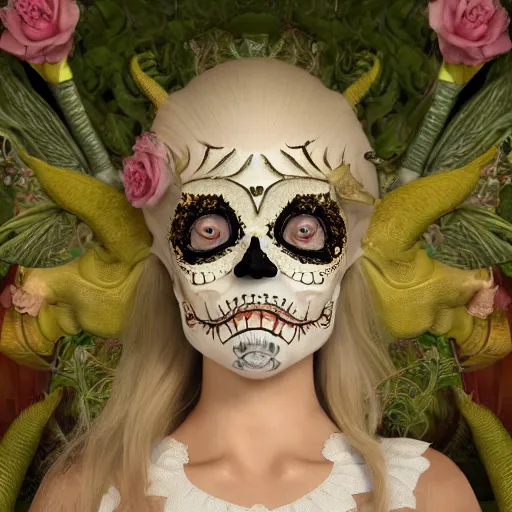 Prompt: champagne blonde lady changeling mythical satyr, humanoid with goat horns and goat legs, mid - waist self - portrait, perfect symmetry, intricate, dia de los muertos, skulls and flowers mask, aztec ultra detailed feathered dress 4 k resolution, octane rendering, ultra realistic, photo realism, beeple, 2 0 mm