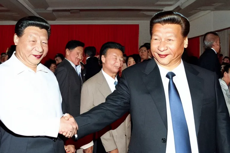 Prompt: xi jinping and arnold schwarzenegger shaking hands