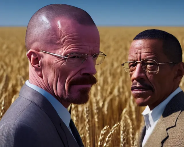 Image similar to extreme long shot of walter white and gustavo fring stand facing each other from a distance in a wheat field, low angle, side view, 3 5 mm photograph, 8 k resolution, wide shot, sharp lens