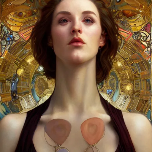 Image similar to Portrait of Samus Aran drawn by Donato Giancola and Tom Bagshaw, face by Artgerm, overall design by Alphonse Mucha, background by James Jean and Gustav Klimt, light by Julie Bell, 4k, golden accents, porcelain skin, komorebi, french nouveau, trending on artstation, octane render, hyperrealistic