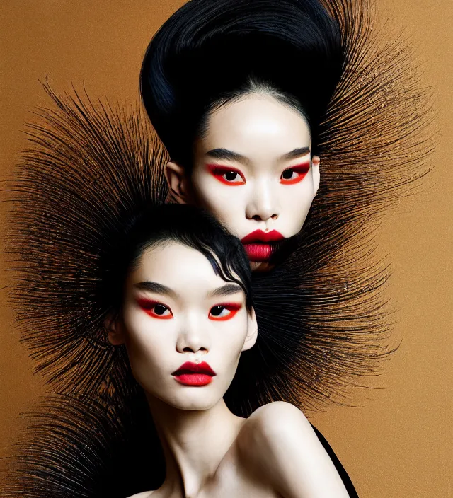 Prompt: photography american portrait of stunning model ming xi. great hair style, half in shadow, natural pose, natural lighing, rim lighting, wearing an ornate stunning sophisticated outfit made of of rigid and fluid well structured parts, created by iris van herpen, with a colorfull newbaroque makeup by benjamin puckey, highly detailed, skin grain detail, photography by paolo roversi