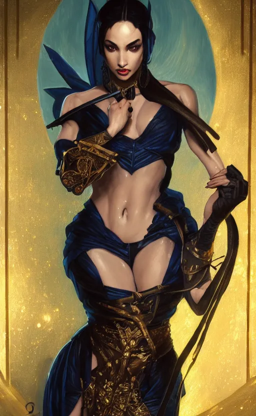 Prompt: masterpiece of kitana from mortal kombat with beautiful hands close to a candle in dark room, cinematic, powerful, moon beams dramatic light, highly, intricate gold elements, hollow souls, detailed, digital painting, artstation, concept art, sharp focus, illustration, art by artgerm and greg rutkowski and alphonse mucha