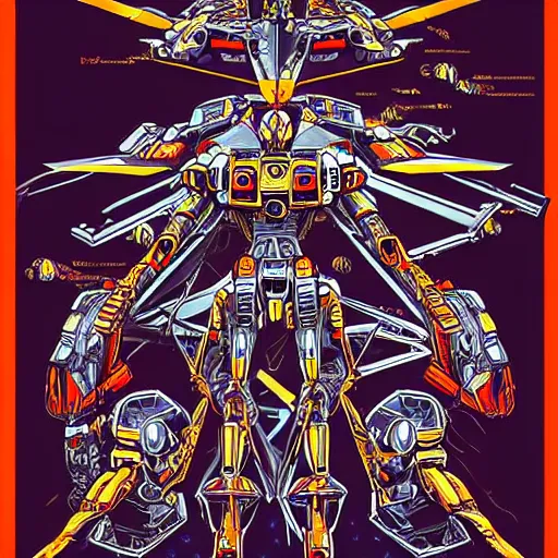 Prompt: vitruvian mecha, isometric concept gundam macross evangelion, illuminated features, ink outlines, detailed hatching, dramatic moonlit lighting, diagram specifications notations, by alex pardee, dan mumford