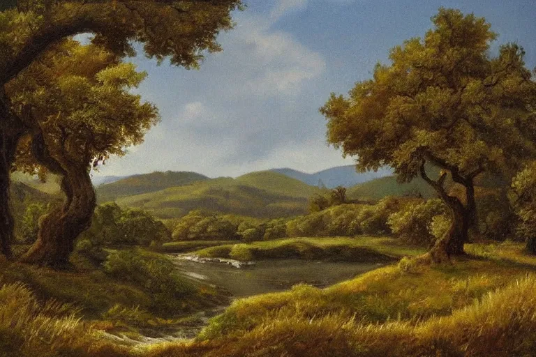 Image similar to masterpiece painting of oak trees on a hillside overlooking a creek, dramatic lighting, by lemoine fitzgerald