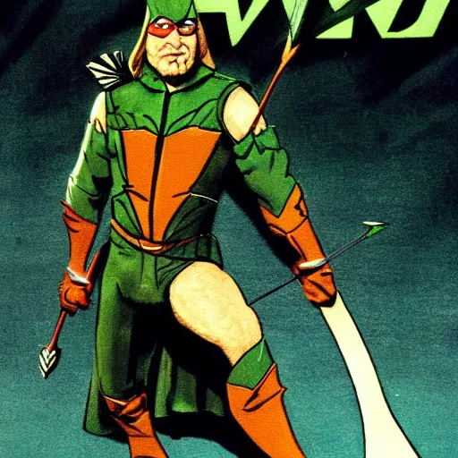 Image similar to The Green Arrow action pose, drawing an arrow from his quiver, comic book cover style