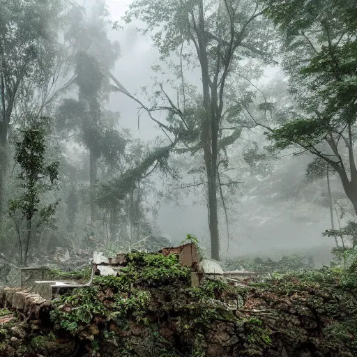 Prompt: Ruins of an apartment complex in a jungle full of mist, DSLR photography, 4k wallpaper