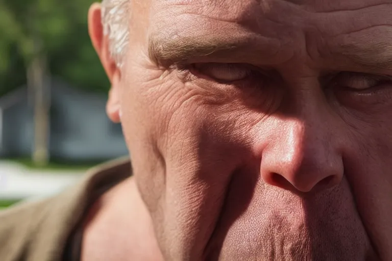 Image similar to movie scene portrait closeup, real life homer simpson in front of house, natural lighting by emmanuel lubezki