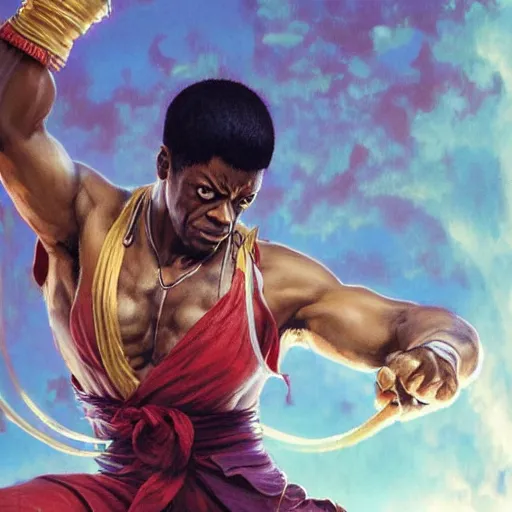 Image similar to chris tucker as dhalsim street fighter, jump kick, 4 k, ultra realistic, detailed focused art by artgerm and greg rutkowski and alphonse mucha