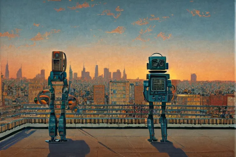 Image similar to painting of a robot, in a rooftop, watching new york, beautiful, sunset, romantic, by ludwig deutsch and maxfield parrish, patterned tilework, extremely detailed, cinematic lighting, smooth sharp focus