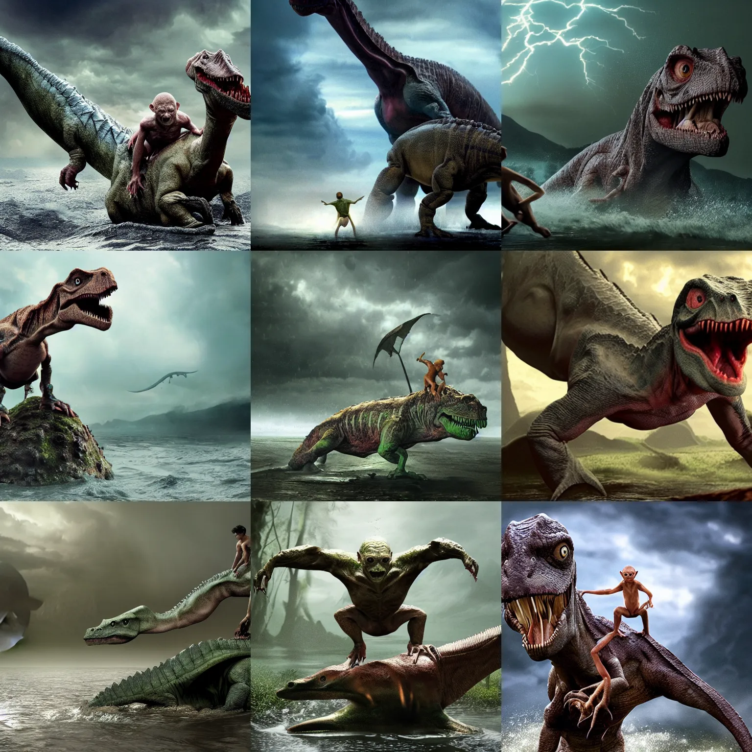 Prompt: Gollum riding dinosaur in trunderstorm, swamp, ultra realistic, 8k