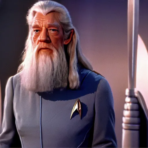 Image similar to A still of Gandalf as Captain Kirk on Star Trek, sharp focus, high quality, 4k