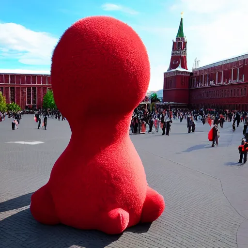 Prompt: photo giant kiwi on red square